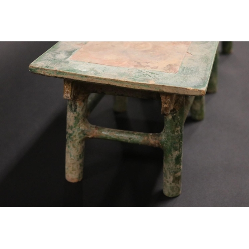 516 - Two Chinese tang style sancai glazed pottery funerary tables, each approx 16cm H x 31cm W x 18cm D  ... 