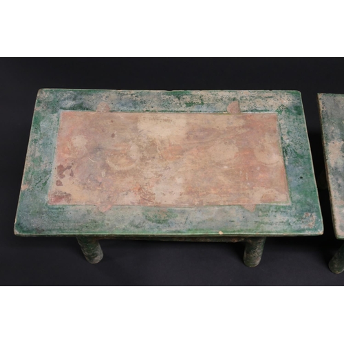 516 - Two Chinese tang style sancai glazed pottery funerary tables, each approx 16cm H x 31cm W x 18cm D  ... 