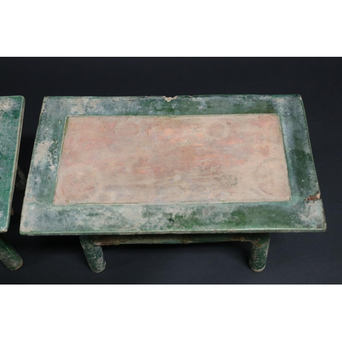 516 - Two Chinese tang style sancai glazed pottery funerary tables, each approx 16cm H x 31cm W x 18cm D  ... 