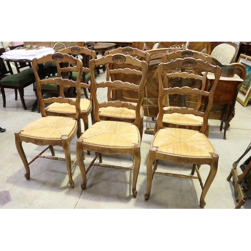599 - Set of six French rush seat dining chairs, each approx 100cm H x 44cm W (6)