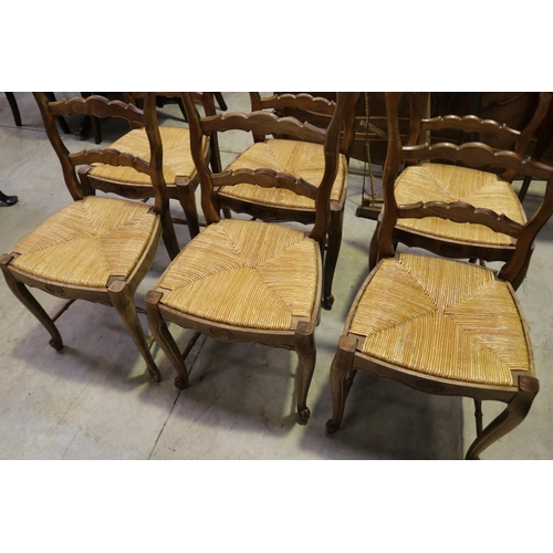 599 - Set of six French rush seat dining chairs, each approx 100cm H x 44cm W (6)