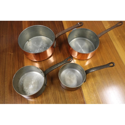 637 - Four French copper saucepans, approx 9cm H x 19cm Dia (excluding handle) and smaller (4)