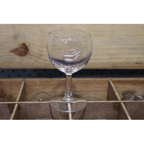 645 - The French wine glass collection, to include wooden crates with wine glasses, marked Barbier Freres ... 