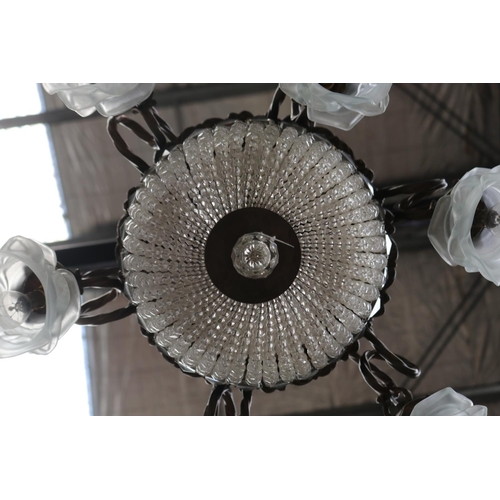 653 - French bronze basket chandelier, with central basket, surrounded by frosted glass flower head branch... 