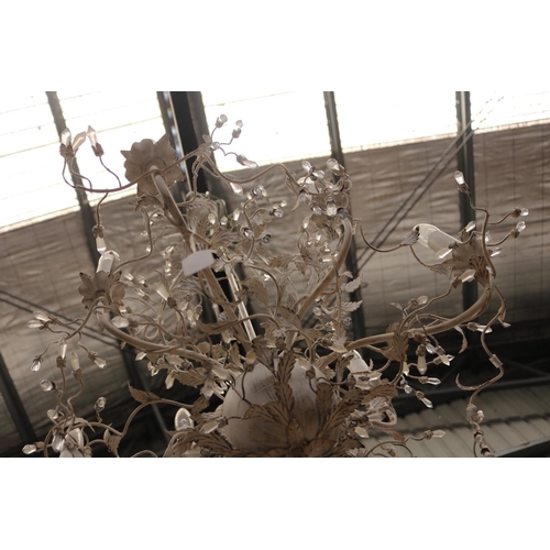 655 - Modern painted flower and branch eight light chandelier, with multi branch crystal point flower head... 