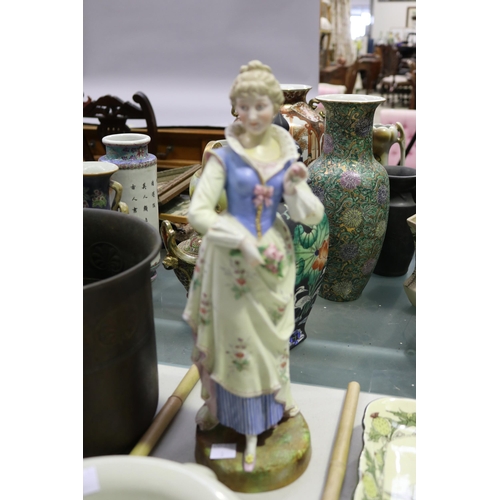 18 - Antique porcelain / bisque figure of a maiden with damages, approx 37cm H