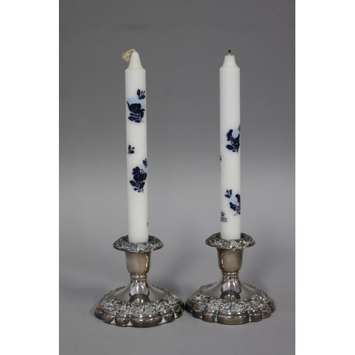 19 - Pair of silver plate squat candlesticks with Copenhagen candles, each approx                       9... 