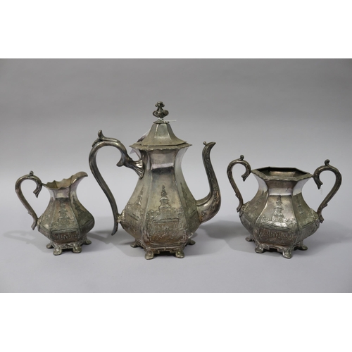 40 - Asian Export silver plate teapot sugar and creamer, unmarked, approx 26cm H and shorter (3)