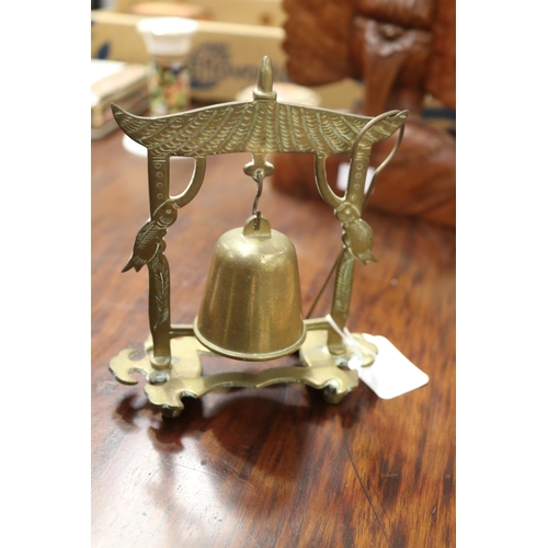 47 - Antique Chinese pierced brass dinner bell, approx 15cm H x 12cm W