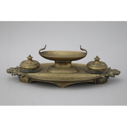 68 - Antique French bronze double pot inkstand with central urn form pen holder, marked HP to base, appro... 