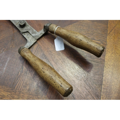 111 - Large antique French vignerons grape sheers, wooden handle, and hand forged blades, approx 53cm L