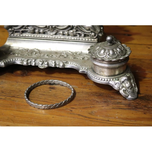 108 - Antique silver plated desk top letter slot ink stand, with ceramic ink pots, approx 19cm H x 30cm W ... 