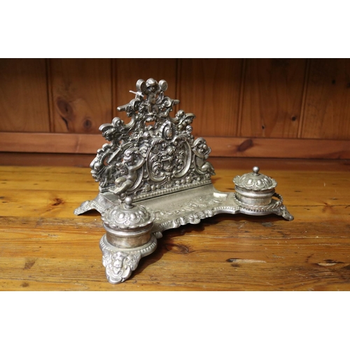 108 - Antique silver plated desk top letter slot ink stand, with ceramic ink pots, approx 19cm H x 30cm W ... 