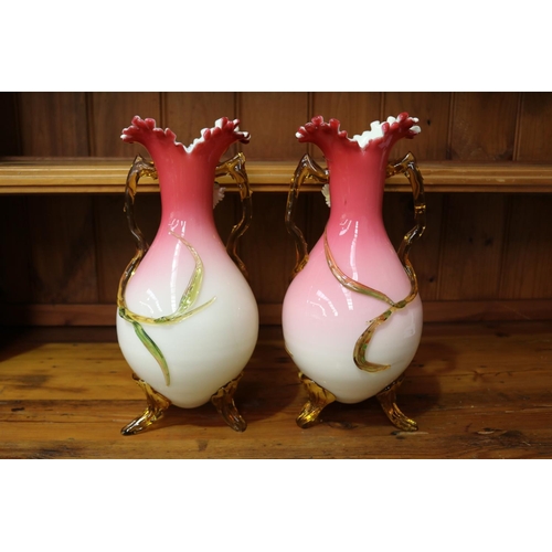 13 - Pair of decorative twin handled glass vases, with applied flower decoration (AF), each approx 37cm H... 