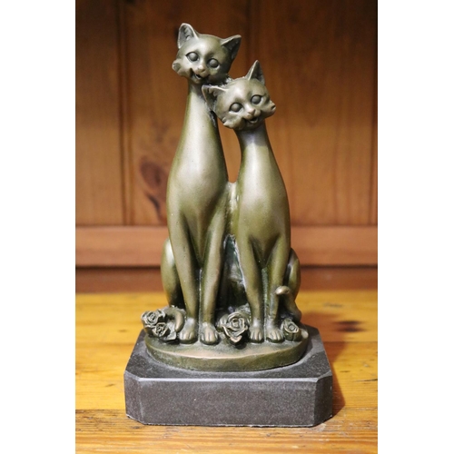 3 - Bronze pair of cats, on marble base, signed to back Milo, total approx 23cm H x 12cm W x 9cm D