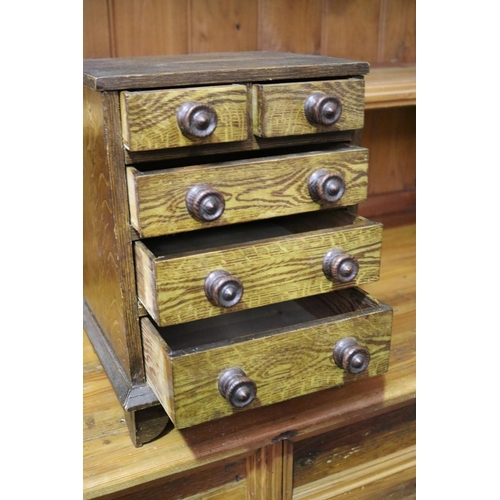 36 - Antique miniature chest of five drawers, faux oak painted fronts, approx 38cm H x 29cm W x 25cm D