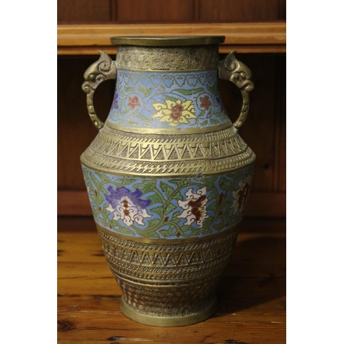 4 - Chinese twin handled cloisonne vase, with coin to base, approx 30cm H x 19cm W x 16cm D