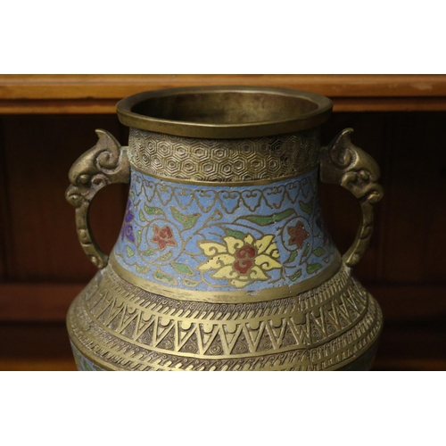 4 - Chinese twin handled cloisonne vase, with coin to base, approx 30cm H x 19cm W x 16cm D