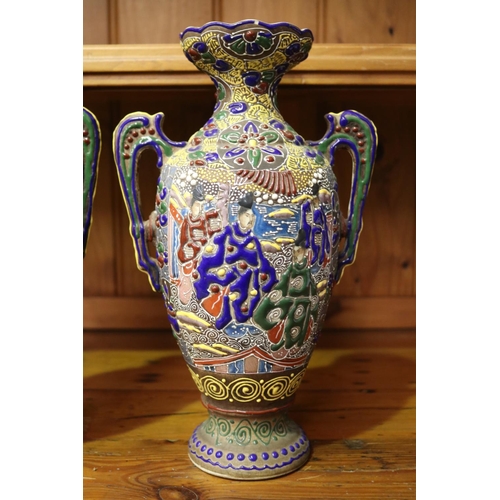 6 - Pair of antique Japanese raised enamel pottery vases, each approx 30cm H x 18cm W x 12cm D (2)