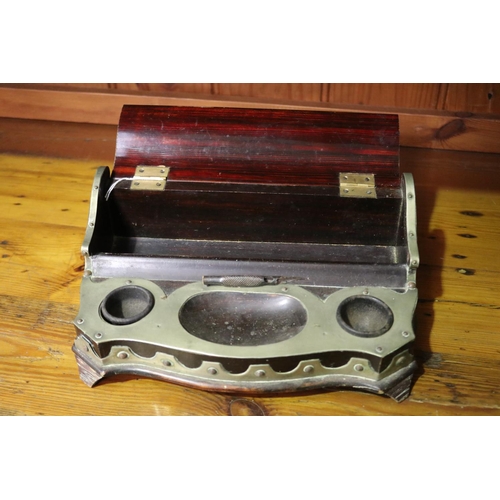 64 - Antique Rosewood painted panel desk top inkstand, with brass strap work, approx 10cm H x 26cm W x 16... 