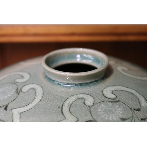 72 - Korean glazed celadon Meping vase, signed, approx 30cm H x 19cm dia