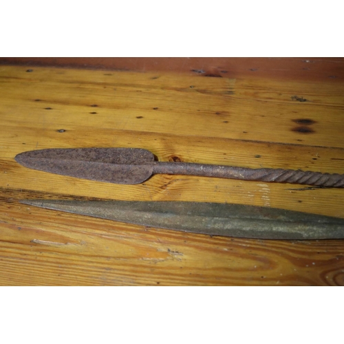 74 - Two iron spear heads, approx 57cm L & shorter (2)