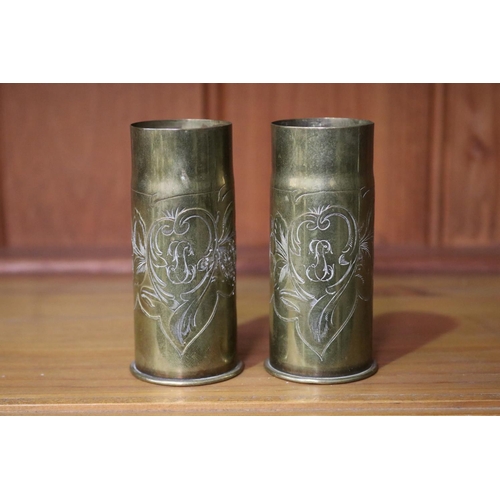 88 - Pair of small antique French brass engraved WWI shells trench art vases, each approx 9.5cm H (2)