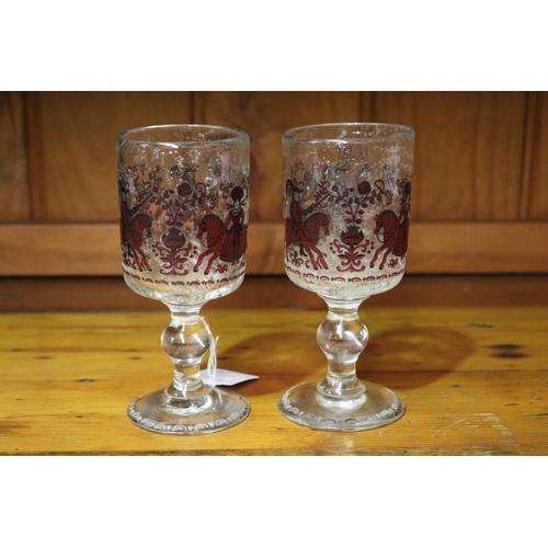 9 - Pair of handmade glass goblets, likely 1950's, each approx 15.5cm H (2)