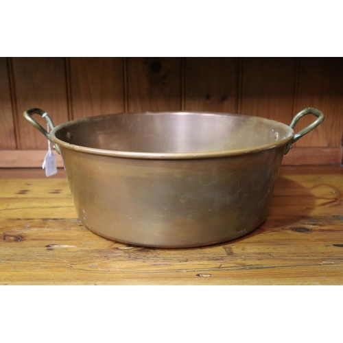 98 - French copper preserving pan, approx 15cm H x 39.5cm dia (excluding handles)