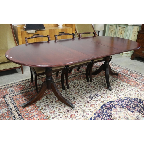 673 - Regency style twin pedestal extension dining table, with one extra leaf, approx 76cm H x 210cm W x 1... 