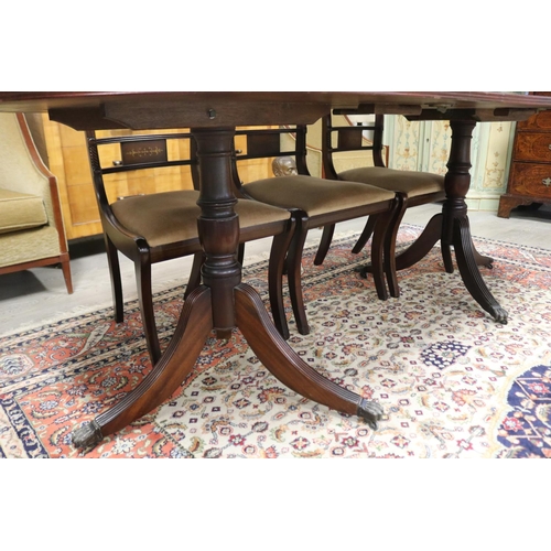 673 - Regency style twin pedestal extension dining table, with one extra leaf, approx 76cm H x 210cm W x 1... 