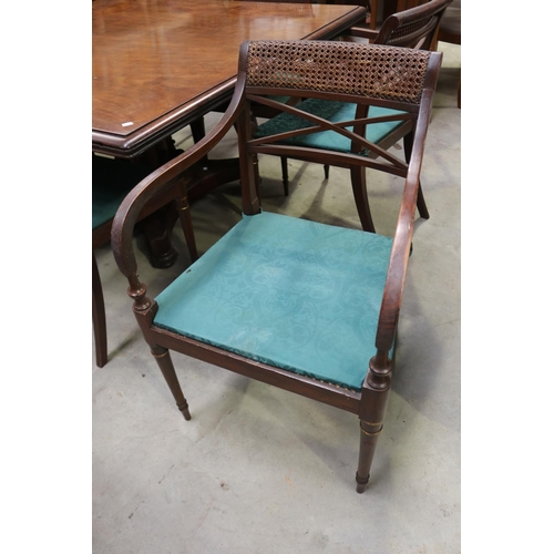 674 - Set of eight Regency style chairs with cane backs & seats, later green cushion covering, with a gilt... 