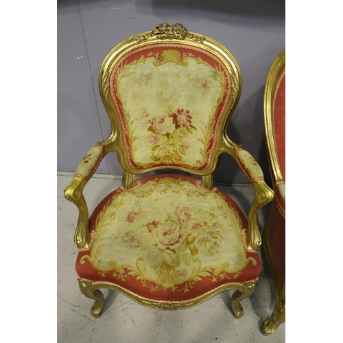 683 - Impressive antique 19th century French Louis XV nine piece lounge suite, gilt wood with Aubusson uph... 