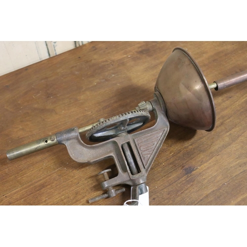 687 - Antique French cast iron and copper Nova wine bottle washer, with wooden handle, approx 60cm L