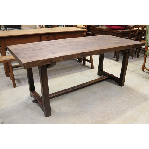 695 - French rustic slab topped trestle table. Central stretcher, approx 75cm H x 180cm W x 80cm D