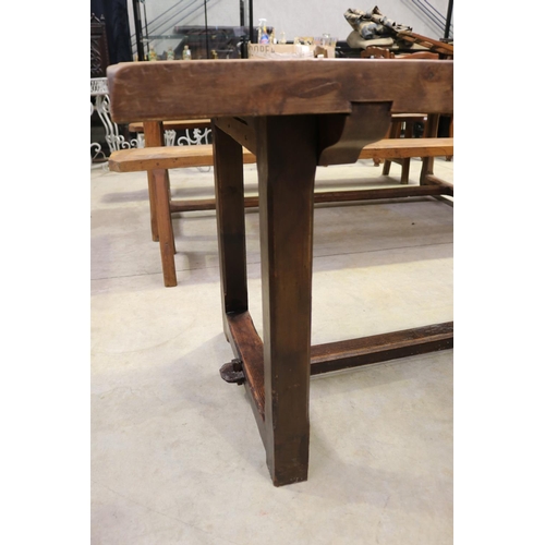 695 - French rustic slab topped trestle table. Central stretcher, approx 75cm H x 180cm W x 80cm D