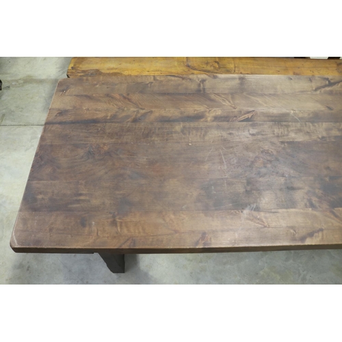 695 - French rustic slab topped trestle table. Central stretcher, approx 75cm H x 180cm W x 80cm D