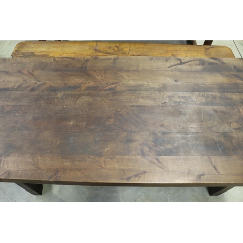 695 - French rustic slab topped trestle table. Central stretcher, approx 75cm H x 180cm W x 80cm D