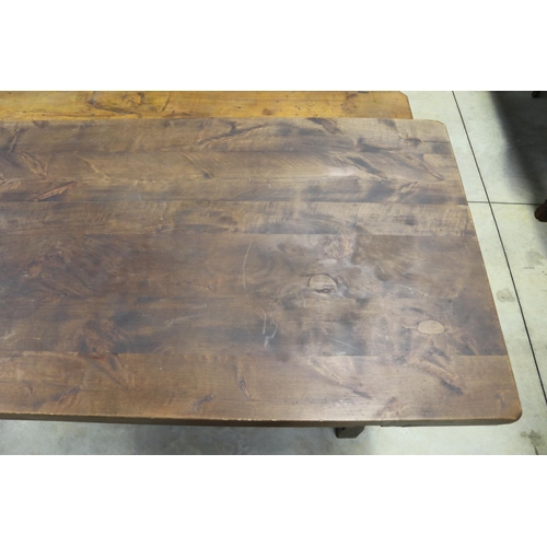 695 - French rustic slab topped trestle table. Central stretcher, approx 75cm H x 180cm W x 80cm D