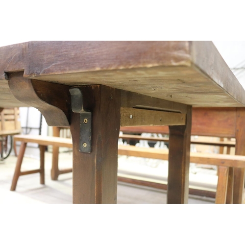 695 - French rustic slab topped trestle table. Central stretcher, approx 75cm H x 180cm W x 80cm D