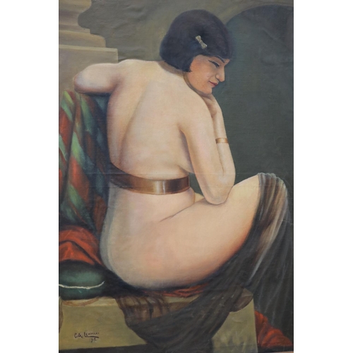 763 - G A Lehmann, portrait of nude female, oil on canvas, signed and dated lower left 1918, approx 100cm ... 