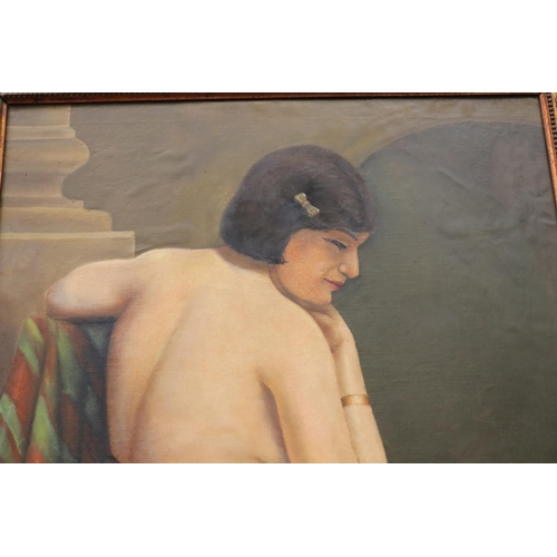 763 - G A Lehmann, portrait of nude female, oil on canvas, signed and dated lower left 1918, approx 100cm ... 