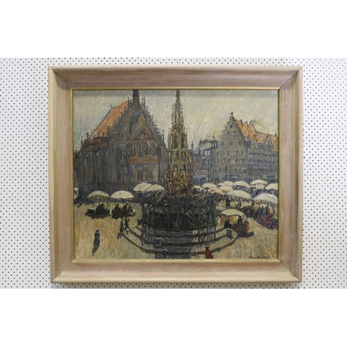 769 - Josef van Brackel (German 1875 - 1955) square of Nuremburg, Germany, oil on canvas, approx 72cm x 87... 