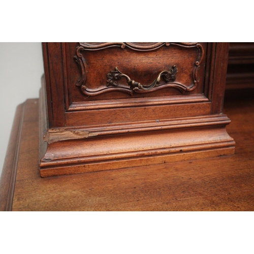 770 - Antique French carved walnut two height buffet, large central bevelled glass panelled door to the to... 