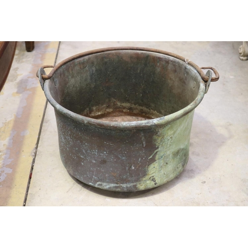 771 - Large antique French copper preserving pan with swing handle, approx 26cm H x 44cm Dia