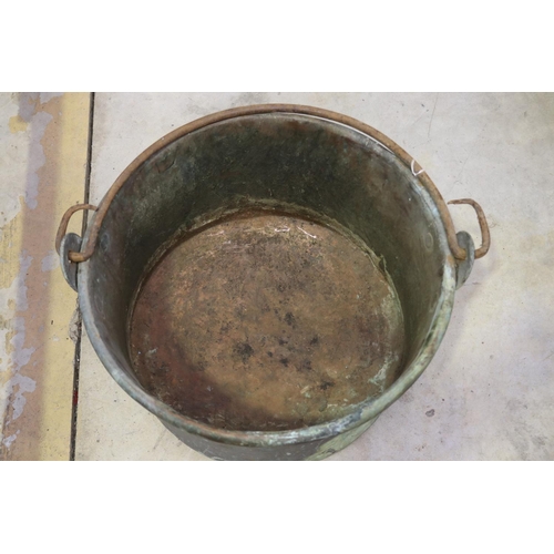 771 - Large antique French copper preserving pan with swing handle, approx 26cm H x 44cm Dia