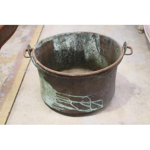 771 - Large antique French copper preserving pan with swing handle, approx 26cm H x 44cm Dia