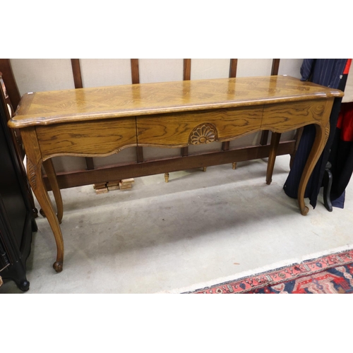 664 - French style oak three drawer console table, approx 80cm H x 159cm W x 49cm D