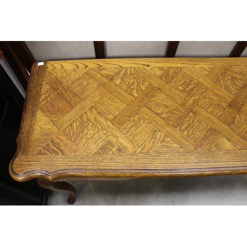 664 - French style oak three drawer console table, approx 80cm H x 159cm W x 49cm D