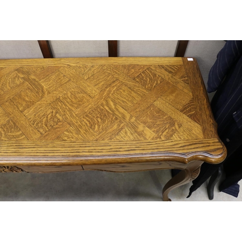 664 - French style oak three drawer console table, approx 80cm H x 159cm W x 49cm D